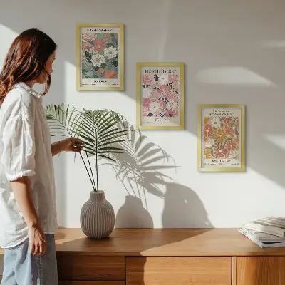 Galerie de perete cu postere reprezentând modele florale din Londra, Tokyo și Amsterdam