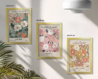 Galerie de perete cu postere reprezentând modele florale din Londra, Tokyo și Amsterdam