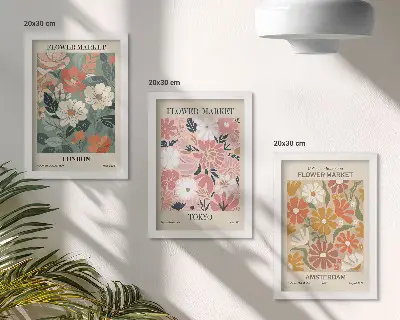 Galerie de perete cu postere reprezentând modele florale din Londra, Tokyo și Amsterdam