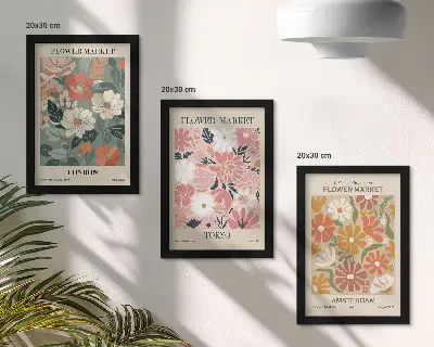 Galerie de perete cu postere reprezentând modele florale din Londra, Tokyo și Amsterdam