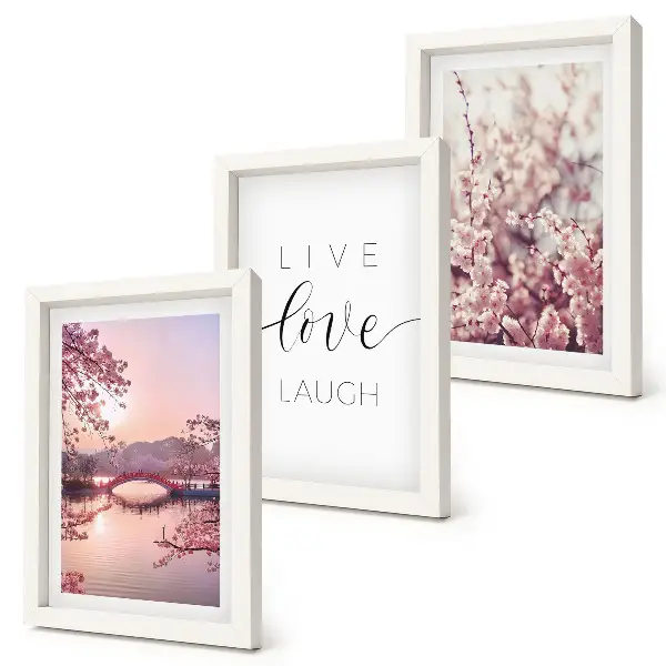 Set de 3 tablouri cu motive florale, un pod și o inscripție