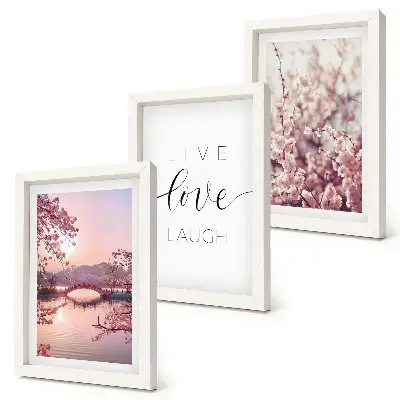 Set de 3 tablouri cu motive florale, un pod și o inscripție