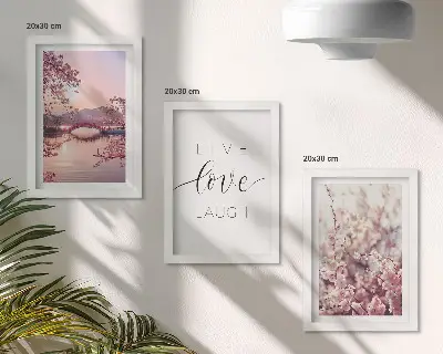 Set de 3 tablouri cu motive florale, un pod și o inscripție