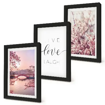 Set de 3 tablouri cu motive florale, un pod și o inscripție