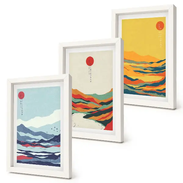 Set de 3 tablouri cu peisaje montane și fluviale abstracte colorate