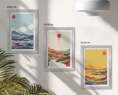 Set de 3 tablouri cu peisaje montane și fluviale abstracte colorate