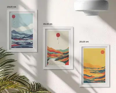 Set de 3 tablouri cu peisaje montane și fluviale abstracte colorate