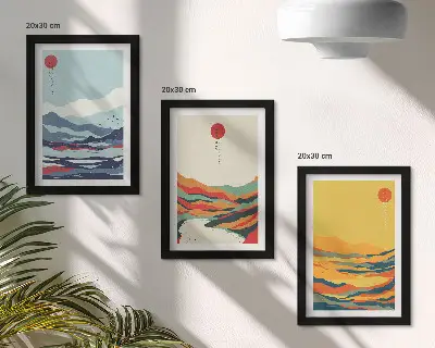 Set de 3 tablouri cu peisaje montane și fluviale abstracte colorate