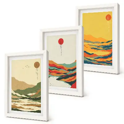 Set de 3 tablouri cu modele colorate de munți și râuri în stil Japandi