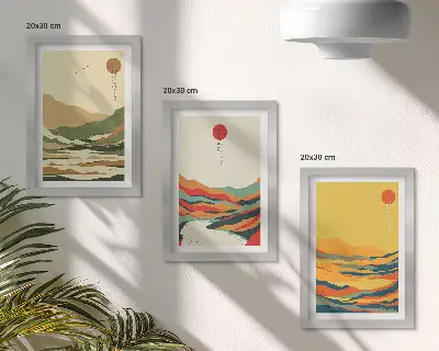 Set de 3 tablouri cu modele colorate de munți și râuri în stil Japandi