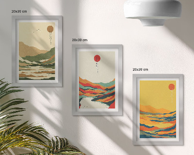 Set 3 tablouri Modele colorate de munți și râuri în stil Japandi