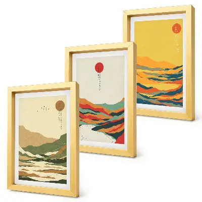 Set de 3 tablouri cu modele colorate de munți și râuri în stil Japandi
