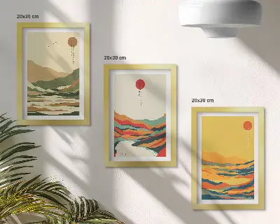Set de 3 tablouri cu modele colorate de munți și râuri în stil Japandi