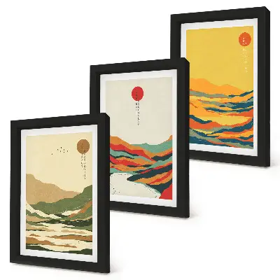 Set de 3 tablouri cu modele colorate de munți și râuri în stil Japandi