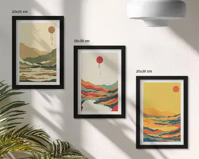Set de 3 tablouri cu modele colorate de munți și râuri în stil Japandi