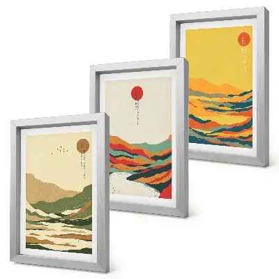 Set de 3 tablouri cu modele colorate de munți și râuri în stil Japandi