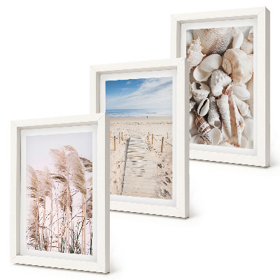 Set 3 tablouri Plajă nisipoasă cu scoici și iarbă de mare