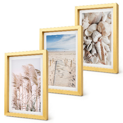 Set 3 tablouri Plajă nisipoasă cu scoici și iarbă de mare