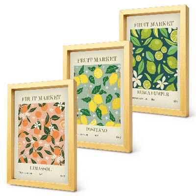 Set 3 tablouri Modele fructate cu citrice și flori vintage