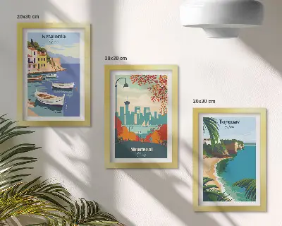 Set de 3 tablouri cu peisaje urbane și naturale din Grecia, Canada și Australia