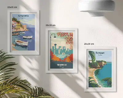 Set de 3 tablouri cu peisaje urbane și naturale din Grecia, Canada și Australia