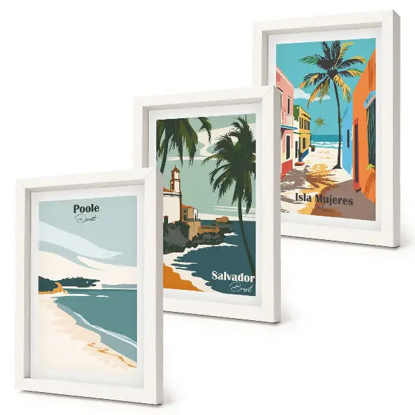 Galerie de perete cu peisaje tropicale reprezentând plaje și palmieri