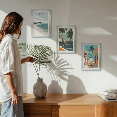 Galerie de perete cu peisaje tropicale reprezentând plaje și palmieri