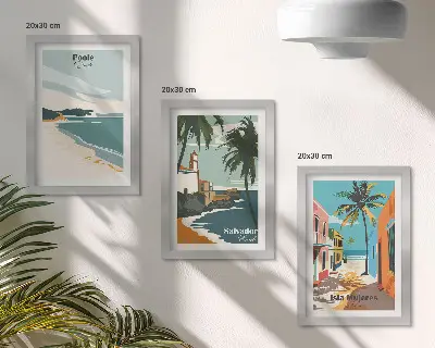 Galerie de perete cu peisaje tropicale reprezentând plaje și palmieri