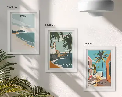 Galerie de perete cu peisaje tropicale reprezentând plaje și palmieri