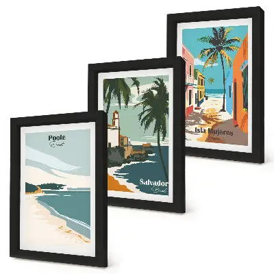 Galerie de perete cu peisaje tropicale reprezentând plaje și palmieri