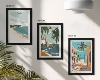 Galerie de perete cu peisaje tropicale reprezentând plaje și palmieri