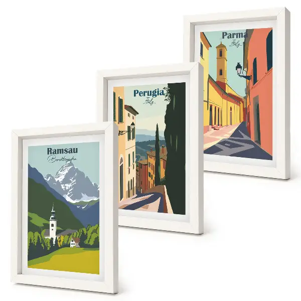 Galerie de perete cu peisaje montane și străzi din orașele italiene