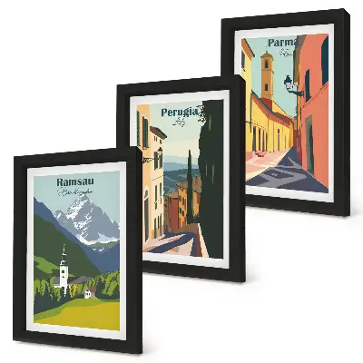 Galerie de perete cu peisaje montane și străzi din orașele italiene