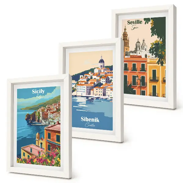 Set de 3 tablouri cu peisaje urbane din orașe europene și clădiri colorate