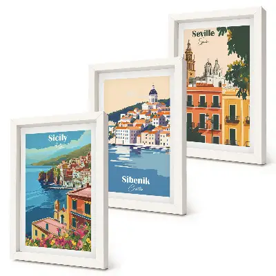 Set de 3 tablouri cu peisaje urbane din orașe europene și clădiri colorate