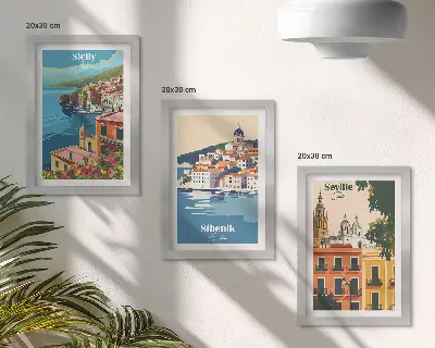 Set de 3 tablouri cu peisaje urbane din orașe europene și clădiri colorate