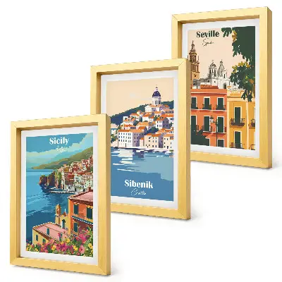 Set de 3 tablouri cu peisaje urbane din orașe europene și clădiri colorate