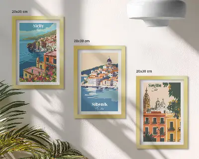 Set de 3 tablouri cu peisaje urbane din orașe europene și clădiri colorate