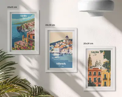 Set de 3 tablouri cu peisaje urbane din orașe europene și clădiri colorate