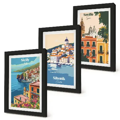 Set de 3 tablouri cu peisaje urbane din orașe europene și clădiri colorate