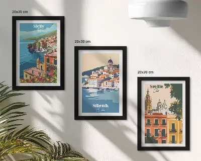 Set de 3 tablouri cu peisaje urbane din orașe europene și clădiri colorate