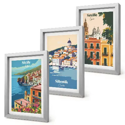 Set de 3 tablouri cu peisaje urbane din orașe europene și clădiri colorate