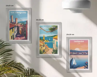 Set de 3 tablouri cu orașe italiene și peisaje retro de pe litoral