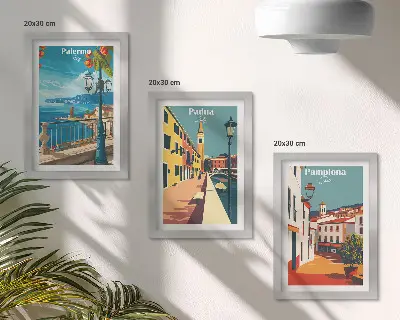 Galerie de perete cu orașe populare în stil ilustrativ retro