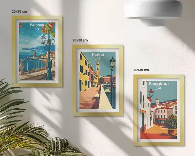 Galerie de perete cu orașe populare în stil ilustrativ retro