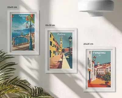 Galerie de perete cu orașe populare în stil ilustrativ retro