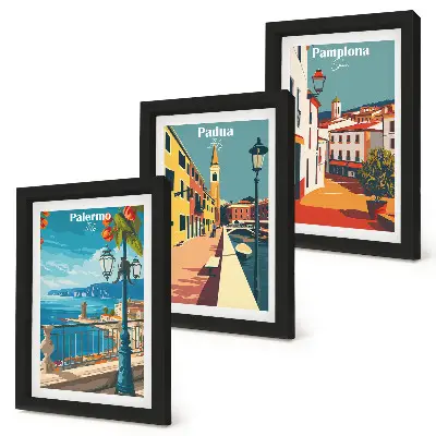 Galerie de perete cu orașe populare în stil ilustrativ retro