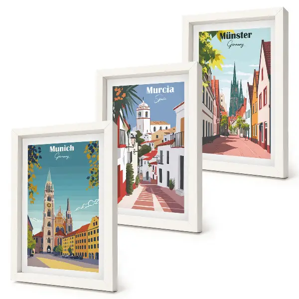 Set de 3 tablouri cu ilustrații colorate ale orașelor europene