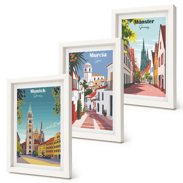 Set 3 tablouri Orașe europene în ilustrații colorate
