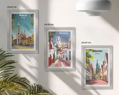 Set de 3 tablouri cu ilustrații colorate ale orașelor europene